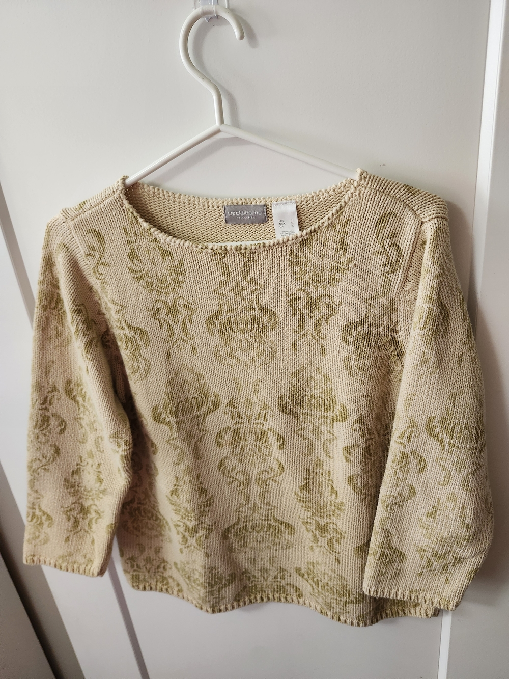 Liz Claiborne Cream and Olive Damask Crewneck Sweater